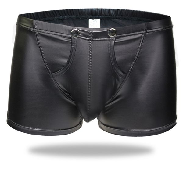 Calzoncillos bóxer sexis para hombre, lencería de piel sintética con entrepierna abierta, bolsa convexa en U, pantalones cortos negros de charol, ropa interior para hombre Gay 230420