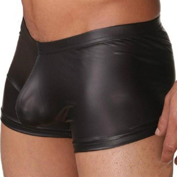 Sous-vêtements Sexy hommes boxeurs sous-pantalon ouvert entrejambe Faux cuir slips Shorts sous-vêtements mâle doux maillot de bain noir grande taille 220M