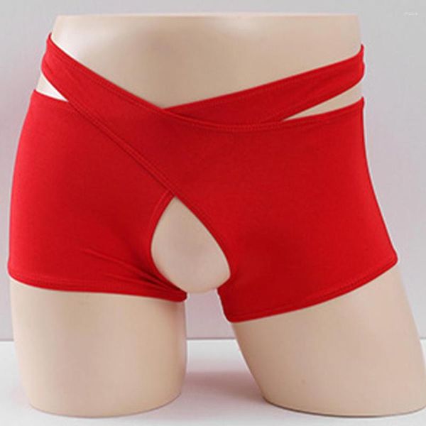 Sous-vêtements sexy hommes culottes sans entrejambe coton mélange boxer shorts gay sangle croisée boxeurs brève lingerie élastique coq exposé