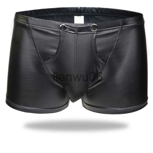 Slip Sexy Hommes Faux Cuir Cock Ring Boxer U Convex Pouch Brillant Boxers Sous-Vêtements Sheathy Cool Male Gay Wear Penis Pouch Plus La Taille F10 J230713