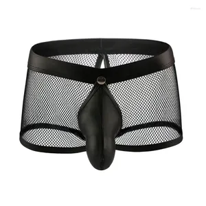 Onderbroek Sexy Men Faux Leather U Convex Pouch Boxers Mesh Sheer Open Crotch Cock Ring Ademend ondergoed Gay Wear Plus Size F11