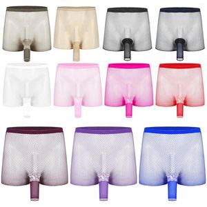 Onderbroek sexy mannen visnet zie door boksers ondergoed uitgehold uitademelijk rekbare mietje korte kanten trim built bouch shorts