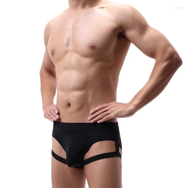 Sous-vêtements sexy hommes slips de soie de glace sous-vêtements gai renflement pénis poche culotte jambe anneau sangles harnais ceinture érotique mâle lingerie
