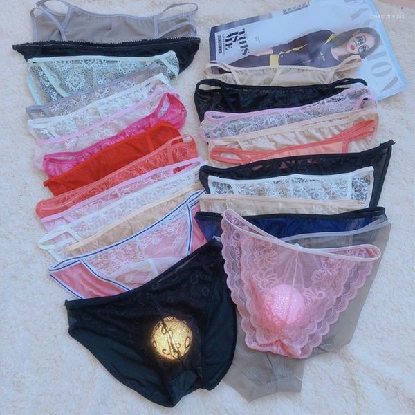 Calzoncillos sexy hombres encaje malla pura bulto bolsa bikini calzoncillos tangas ropa interior desnudo dormir tentación transparente