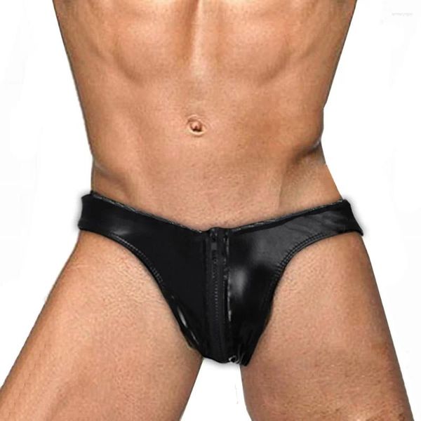 Sous-vêtements sexy hommes sous-vêtements en cuir lingerie avec short zippé hommes mâle g-strings gay jockstrap slip homme