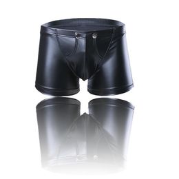 Sous-vêtements Sexy Hommes Lingerie Faux Cuir Boxers Shorts Gay Sous-Vêtements Appuyez Sur Bouton Avec Bulge Poche Slim Cut Latex Sissy Culottes2818