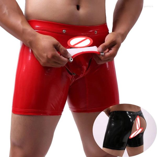 Sous-vêtements sexy hommes longs boxers sous-vêtements en cuir verni jambe mâle exotique ouvert entrejambe culotte gay spectacle de scène