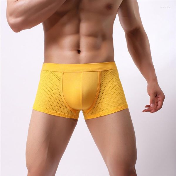 Calzoncillos sexis para hombre, ropa interior de tela de seda helada con ventilación de agujeros de malla para hombre, calzoncillos bóxer convexos en U, pantalones cortos, bragas, pantalones de cuatro ángulos