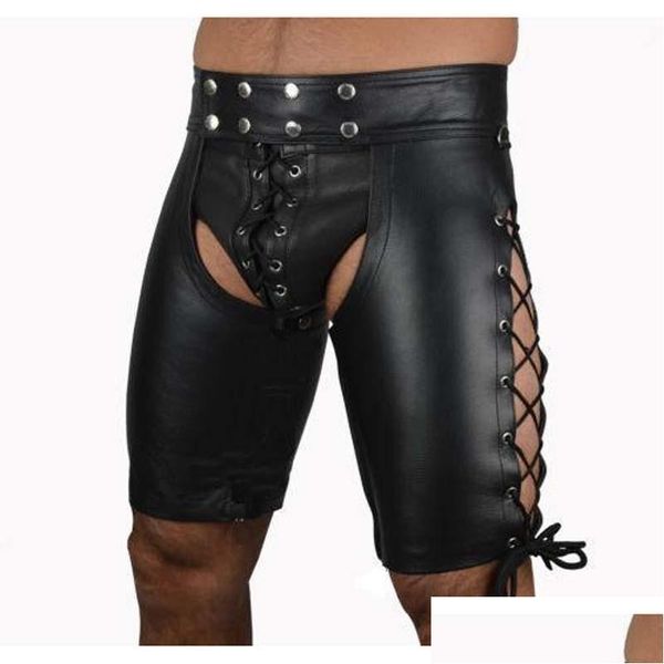 Sous-vêtements Sexy Hommes Plus Taille Érotique Jockstrap Bandage Faux Cuir Culotte Creux Ouvert Entrejambe Brillant Clubwear Gay Wear Drop Deli Otvby