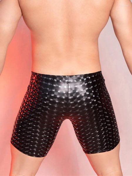 Sous-vêtements Sexy Hommes PU Faux Cuir Léopard Imprimé Pantalon Court U Bulge Poche Short Gym Boxer Wetlook Gay Wear Club Érotique