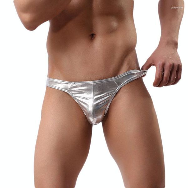 Calzoncillos Sexy para hombre, calzoncillos con bolsa, ropa interior, tangas, Bikini de piel sintética brillante, Tanga, pene Gay masculino