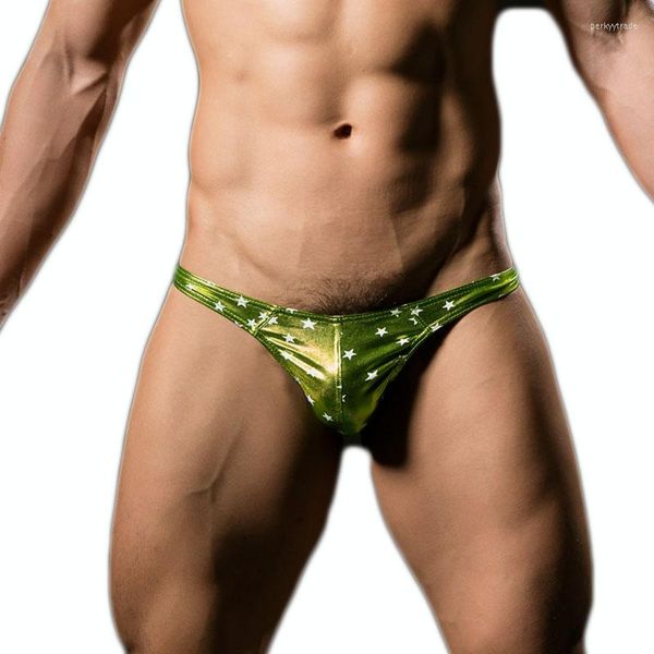 Calzoncillos Sexy para hombre, calzoncillos de cuero PU con bolsa para el pene, ropa interior con bloqueo dorado, tangas, Tanga, espalda en T, calzoncillo transpirable abierto para disfraz