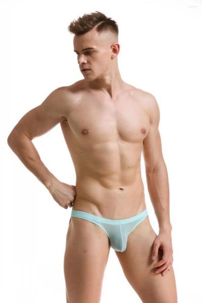Calzoncillos sexy para hombre hielo seda triángulo ropa interior calzoncillos u convexo cintura baja transparente bikini gay resbalones lencería