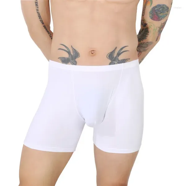 Sous-vêtements Sexy pour hommes, sous-vêtements en soie glacée, culotte de couleur unie, Boxer sans couture, Ultra-mince, grande pochette pour pénis, Boxershorts Cueca