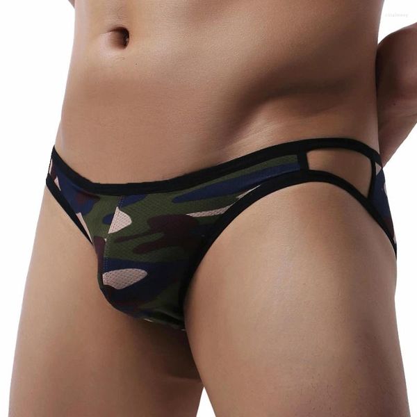 Calzoncillos ropa interior sexy para hombres suave transpirable camuflaje malla calzoncillos bragas gay bolsa bikini lado hueco hacia fuera