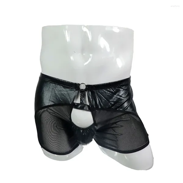 Calzoncillos Sexy para hombre Sissy Boxer Wet Look, calzoncillos de piel sintética, bañadores transparentes de malla, ropa interior erótica hueca, pantalones cortos para hombre Gay