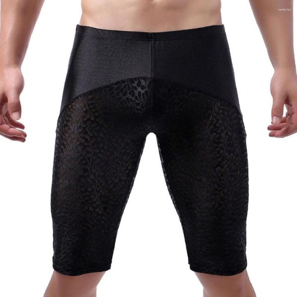 Calzoncillos Hombres sexy Sissy Ropa interior de encaje Ultrafino Lenthen Boxer Deporte Cintura media Calzoncillos de pierna larga Bragas de natación sólidas Lencería de aliento