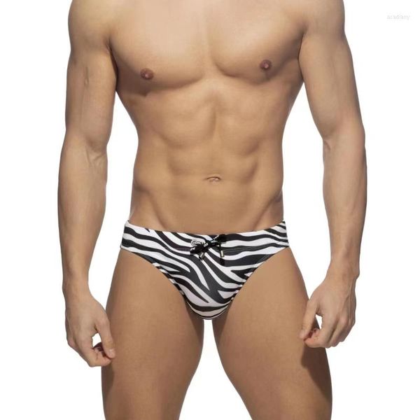 Calzoncillos Sexy para hombre, ropa interior estampada a rayas, trajes de baño con cordones de cintura baja, bragas sin costuras, traje de baño de secado rápido, Bikini Slip Homme