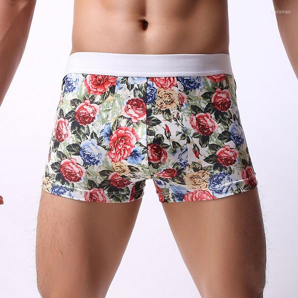 Caleçon Sexy Hommes Sous-Vêtements Boxer Shorts Homme Lait Soie Floral Taille Moyenne Poche Convexe Cueca Masculina Ropa Intérieur Hombre M-XXL
