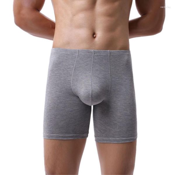 Caleçon Sexy hommes sous-vêtements Boxer Shorts homme fibre de bambou culotte solide mi-hauteur U poche convexe longue jambe Cueca Calzoncillos