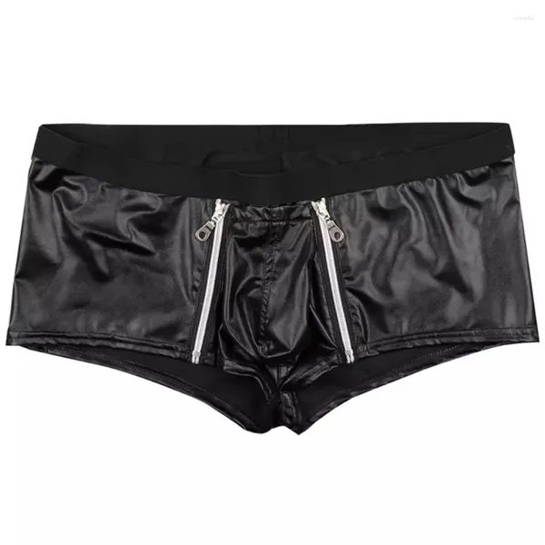 Sous-vêtements Sexy hommes fermeture éclair ouvert avant boxeurs Lingerie Faux cuir Boxer Shorts mâle érotique sous-vêtements doux sous-pantalon Gay culotte