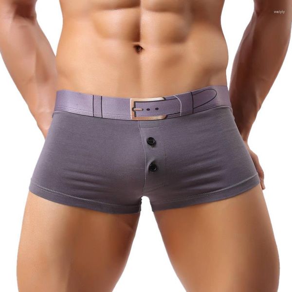 Caleçon Sexy Hommes 3D Imprimé Ceinture Sous-Vêtements Boxers Bulge Poche Boxer Shorts Troncs Hommes Bouton Respirant Coton Bas