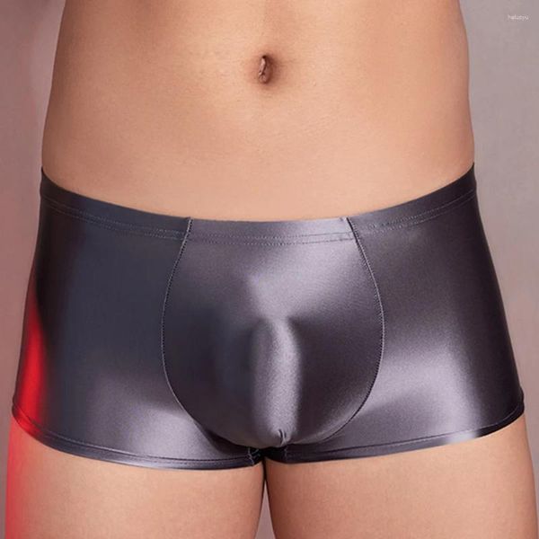 Calzoncillos Boxer sexy para hombre, calzoncillos con bolsa para bulto sólido brillante al óleo, ropa interior de tiro bajo, lencería elástica, pantalones cortos para hombre