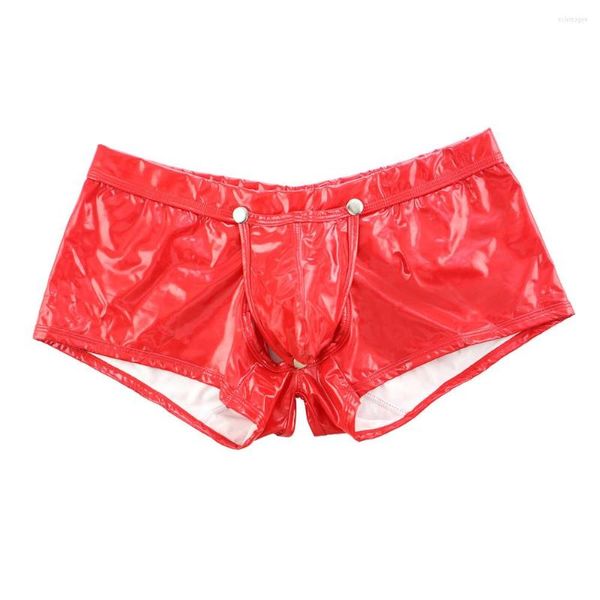 Caleçons Sexy hommes boxeurs entrejambe ouvert Faux cuir Lingerie U poche convexe Boxer Shorts sous-vêtements Look humide Hombre Gay Cueca