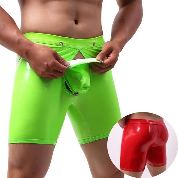 Sous-vêtements Sexy Hommes Long Boxer Sous-Vêtements Hommes En Cuir Verni Boxershorts Exotique Creux Gay Couple Gros Pénis Sac Stage Show Mâle Pa3132