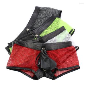 Onderbroek Sexy Mens Mesh Fishnet Hollow Out Boxers Shorts Man Pu Pouch Verwijderbaar ondergoed Open Buunderpants transparante boksershorten