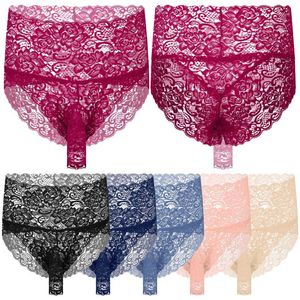 Slip Sexy Mens See Through Floral Lace Shorts Taille Haute Open Bulge Pouch Sissy Nightwear Lingerie Respirant UnderwearUnderpants