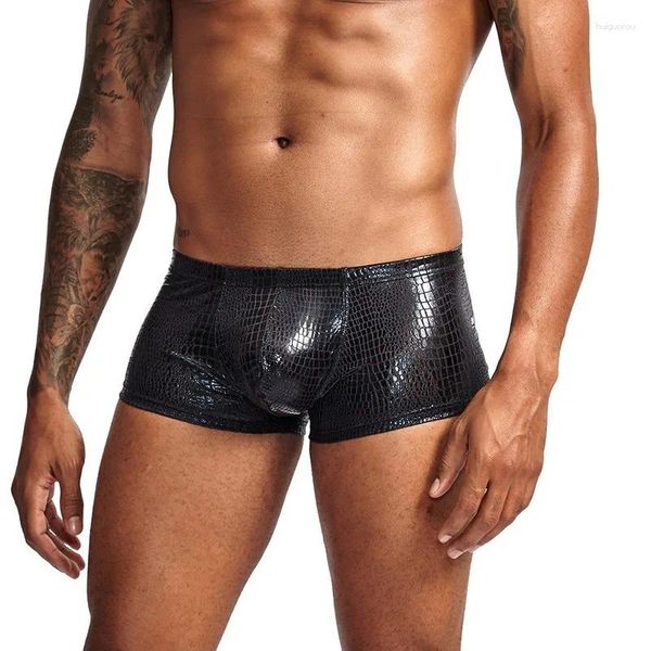 Calzoncillos sexy para hombre piel de serpiente imitación cuero ropa interior boxeadores sin entrepierna boxeador pantalones cortos hombres u convexo cintura baja masculino