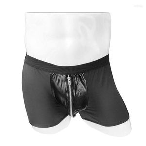 Calzoncillos Sexy para hombre, ropa interior, bóxer, bragas de seda helada con bolsa de piel sintética con cremallera ZJH1027