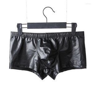 Caleçons Sexy hommes sous-vêtements boxeurs en cuir PU Boxer Shorts hommes culottes respirant taille basse Boxershorts hommes scène