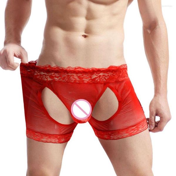 Caleçon Sexy Hommes Sous-Vêtements Gay Érotique Boxer Shorts Dentelle Sissy Ouvert BuUnderpants Bulge Pouch Culotte Homme Crotchless Hommes Boxershorts