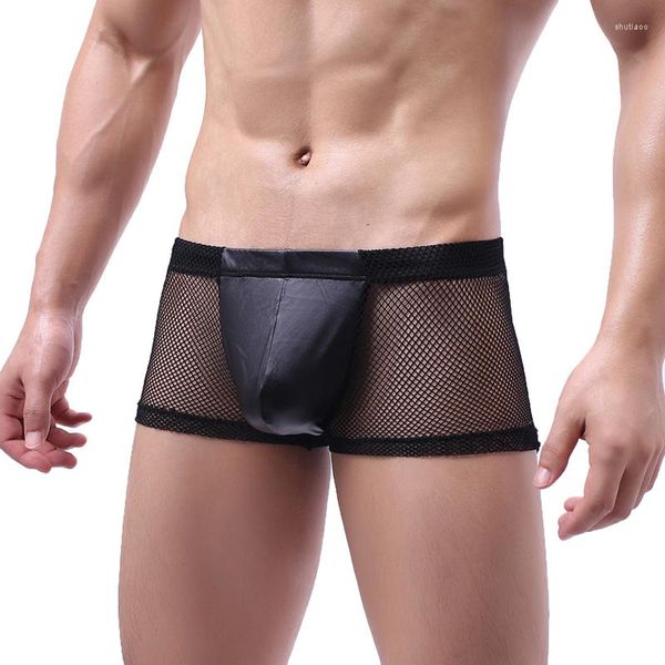 Sous-vêtements Sexy Mesh Boxer Shorts Hommes Culottes Lingerie Transparent Faux Cuir Bugle Poche Patchwork Sous-Vêtements Calzoncillo Hombre Trunks