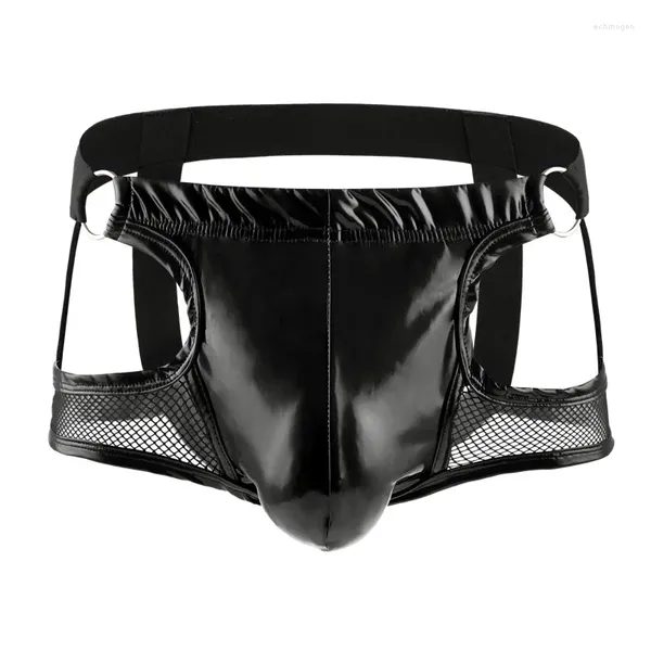 Sous-vêtements Sexy Mesh Boxers Shorts Hommes Respirant Transparent PU Cuir Ouvert Dos Hanche Sans Soudure Sous-Vêtements Pour Hommes Poche Convexe