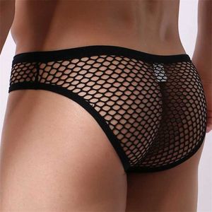 Sous-pants Sexy Mesh Mens Underwear Athlete Athlete veste respirant Fish Net Large Pocket Hollow Short Cueca Hombre Q240430