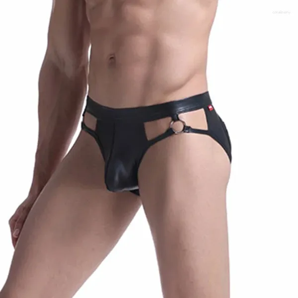 Sous-vêtements Sexy PU Bracelet en cuir Creux Out Bulge Pouch Slips Sous-vêtements pour hommes Culottes String G-String Homme