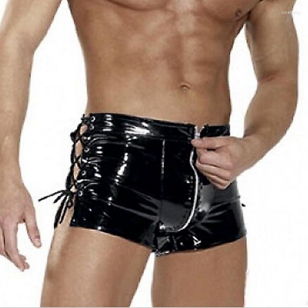 Sous-vêtements sexy PVC grande taille fermeture à glissière ouverte entrejambe boxeurs en cuir scène côté cordon pochette gay porter jockstrap lingerie érotique