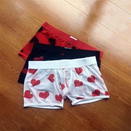 Onderbroek sexy transparante mesh boksers doorzien voor mannen erotische zoete "harten" gedrukte mannelijke slipjes shorts