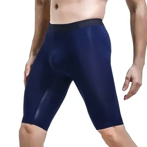 Sous-vêtements sexy sous-vêtements hommes boxeurs shorts Hombre transparent glace soie culotte homme respirant moyen longue jambe poche grande taille