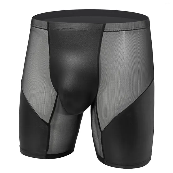 Calzoncillos sexy para hombres de ropa interior boxers pantalones cortos de cuero falso hombre hombre transpirable bolsillo medio pierna larga cueca calzoncillos