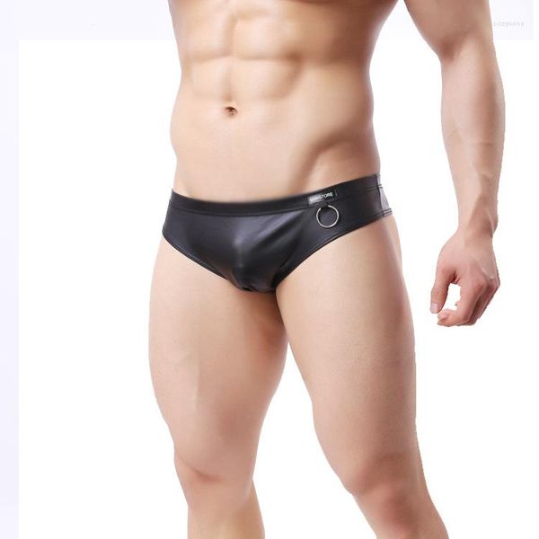 Slip Sexy sous-vêtements hommes slips Shorts noir Faux cuir taille basse T pantalon homme U poche convexe Cueca Calzoncillos M L XL