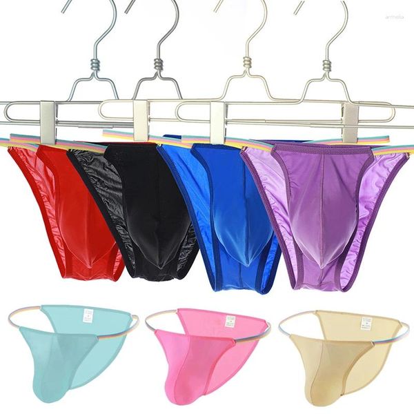 Calzoncillos ropa interior sexy sedoso ultrafino seda de hielo hombres calzoncillos masculinos mini bragas cintura baja bikini hombre lencería exótica