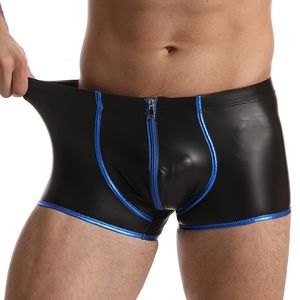 Calzoncillos Sexy Cremallera Boxer Hombre Ropa interior Slip Faux Cuero Calzoncillos Gay Bulge Bolsa Pantalones cortos Negro Wetlook Rendimiento masculino 230829