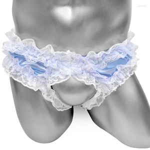 Calzoncillos de satén brillante para hombre, bragas de encaje con volantes, ropa interior hueca con pene frontal abierto, lencería Sexy Gay