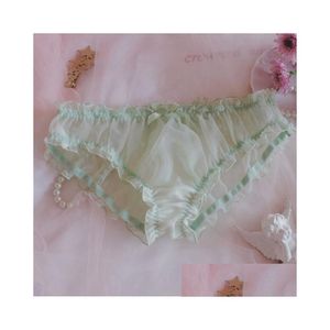 Onderbroek Sissy Slips Mannen Ondergoed Bloemen Strikje Kanten Slipje Ruches Chiffon Bikini Pouch Kort Voor Man Sheer Mesh Ademend Dh2Ij