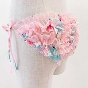 Calzoncillos Sissy de gasa con volantes, Bikini para mujer, ropa interior con cordones, bragas estampadas transpirables, bañadores florales Gay, lencería