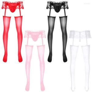 Slip Sissy Lingerie homme sous-vêtements exotiques hommes Sexy collants transparent dentelle florale jupe découpe culotte avec jarretelles